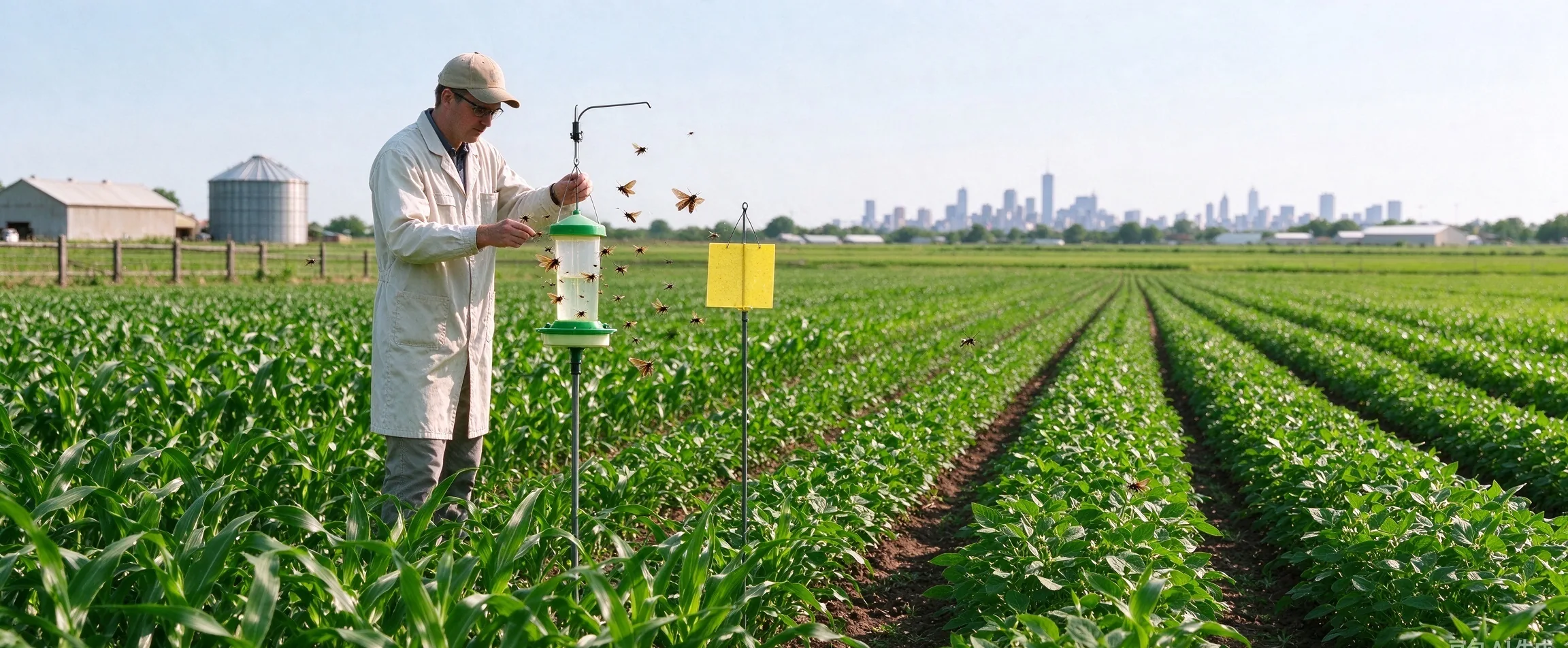 Field technician checking a pheromone monitoring trap in a crop row